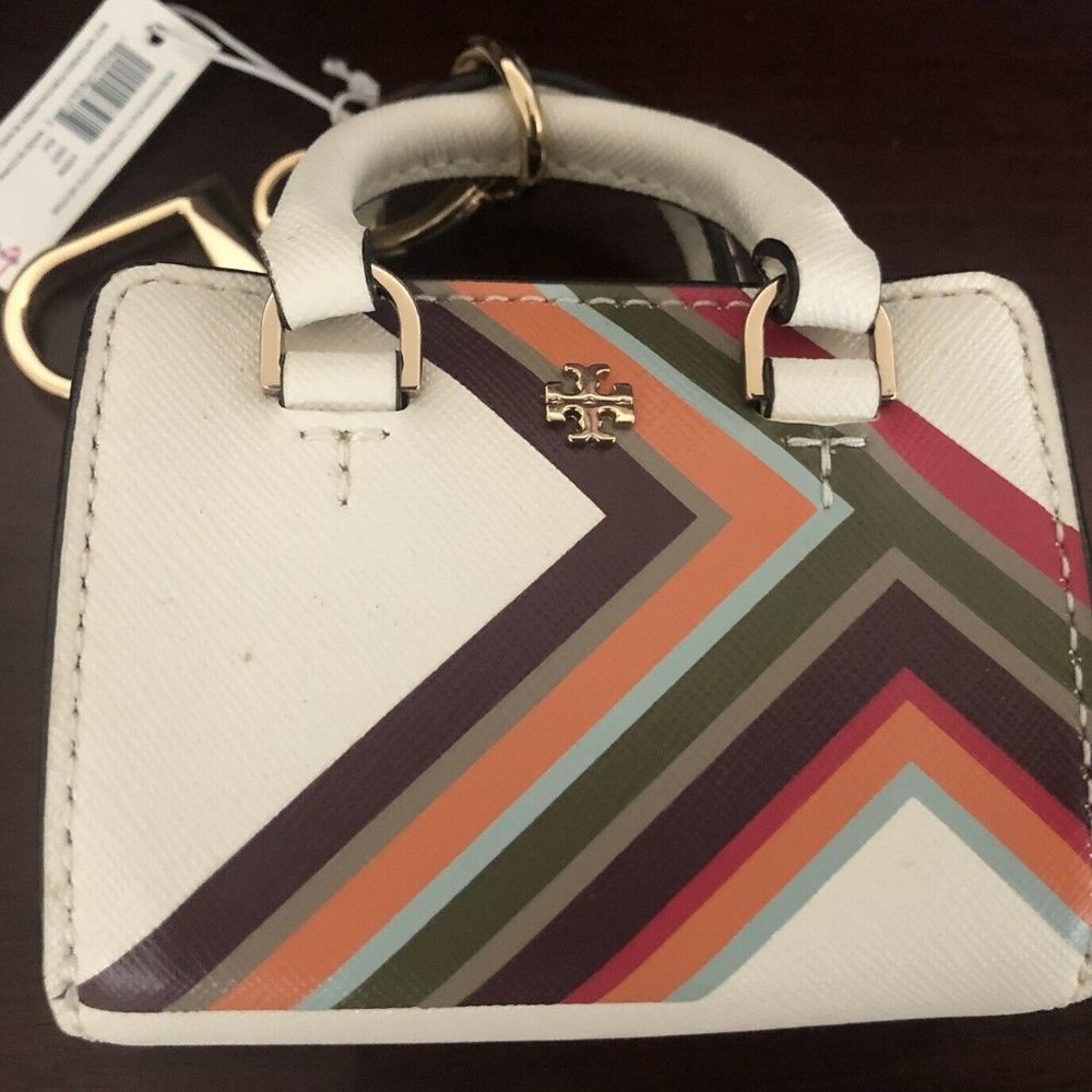 NWT Tory Burch Robinson Multi Stripe Mini Tote Key Fob/Bag Charm/Key Chain